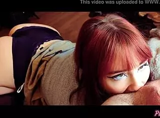 Daddy's little redhead slut eats ass with big rimjob.