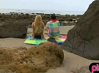 Blonde pornstar bends over for doggystyle quickie on rocky beach
