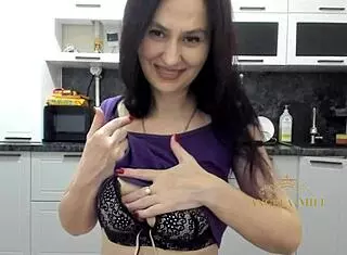 Sexy Brunette Milf Angela Strips, Masturbates Hairy Pussy in Kitchen, Craves Doggystyle Cock