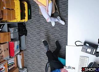 Russian slender teen caught stealing by security guy in backroom office drama
