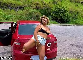 Latina milf exits car for outdoor masturbation