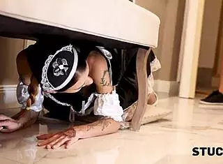 Boyfriend masturbates while girlfriend is stuck in uniform