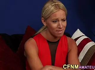 Glamorous Amateur in Stockings Gives Clothed Handjob