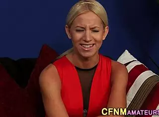 Glamorous Amateur in Stockings Gives Clothed Handjob