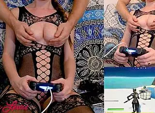 Gaming in sexy black lingerie while husband gropes boobs! 😜