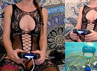 Gaming in sexy black lingerie while husband gropes boobs! 😜