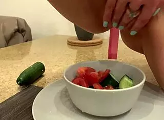 Liza Squirts In Kitchen Salad