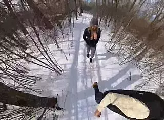 Outdoor sex in the snowy park with big natural tits moaning 😍