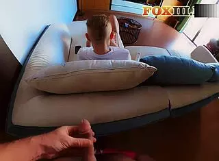 Almost getting caught as I masturbate and cum on my girlfriend's head while she plays her game intensely