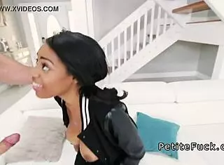 Petite ebony with huge tits deep throats monster cock in hardcore interracial scene