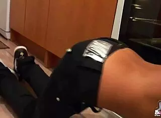 Blonde Babe Shows Shiny Gold PVC Panties