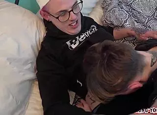 i watched two tattooed twinks fuck bareback on my bed with blowjobs