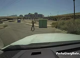 black girl at porta gloryhole sucks lots of white cocks in public