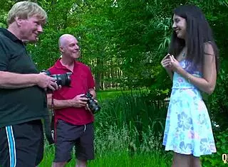 Hot Brunette Swallows Cum From Two Old Guys