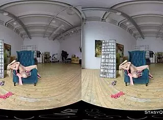 Lovely blonde amateur dances and strips, ripping clothes to reveal natural tits in VR reality
