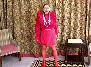 Busty Milf Mariaold Teases in Red Stockings and Heels!
