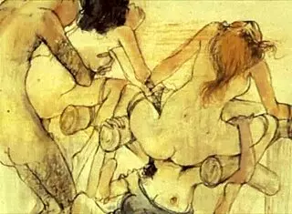 Bold vintage hentai anime illustration with cartoon characters