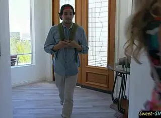 Gorgeous teen drools over huge cock.