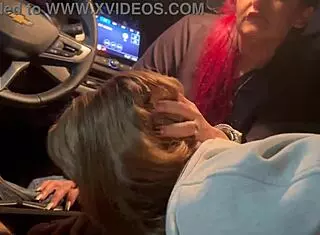 Intense Bisexual Threesome Swallowing Boss's Cock in Car