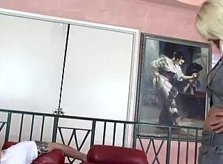 Blonde whore gives handjob with big boobs!