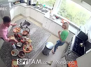 Spyfam step sis gets fucked in the kitchen on thanksgiving with monster cock blowjob facial