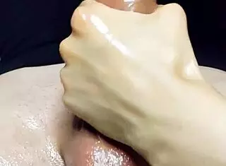 Oiled handjob on tits leads to him busting huge nut 💦😏