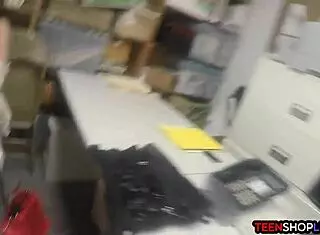 Teen caught shoplifting, stepmom arrives for amateur 3some blowjob group with milf in reality shop setting