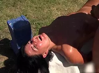Cum Hungry Slut Intriguingly Covered in Outdoor Bukkake