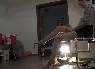 hot blonde from finland in stockings and miniskirt no panties seduces teacher by playing with her cock 😈