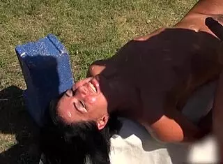 Cum Hungry Slut Intriguingly Covered in Outdoor Bukkake