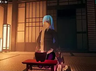 Kadobu hentai game features futanari girl performing footjob on living dildo with monster cock and squirting