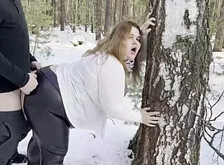 Chubby hottie in leather leggings sucked cock in snowy woods! What a huge juicy ass for hard banging!