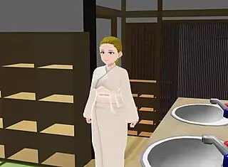 Anime woman boldly takes a bath in a Japanese public bath