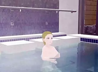 Anime woman boldly takes a bath in a Japanese public bath