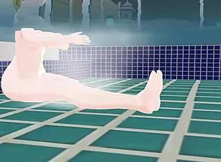 Anime woman boldly takes a bath in a Japanese public bath