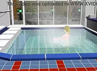 Anime woman boldly takes a bath in a Japanese public bath