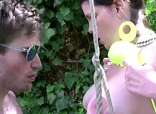 french brunette in bikini bangs 3 guys outdoors