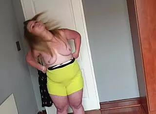 Fat girl trying on kinky dresses for solo fun