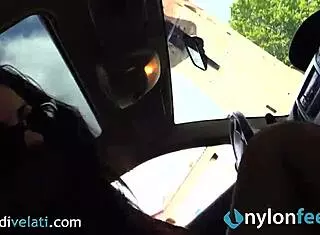 Hot Brunette Shows Nylon Feet on the Street