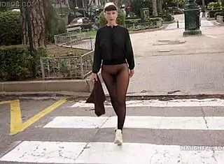 Milf FLASHES in seamless pantyhose OUTDOOR
