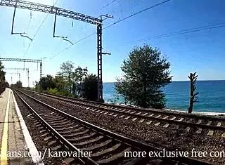 Cute babe bent over, fucked hard by three guys outdoors by the sea