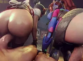 girls engaging in overwatch mercy vs dva kiriko scenario