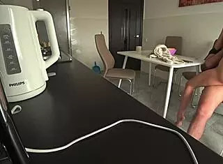 Wife Fucking Neighbor In Kitchen While Husband At Work For Debts.