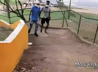 Caught masturbating in public, she had to suck off young studs