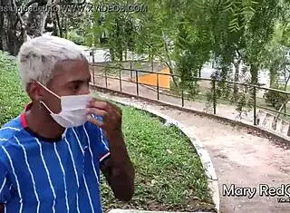 Caught masturbating in public, she had to suck off young studs