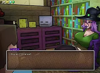 witch rides cowgirl in hornycraft parody game with big tits