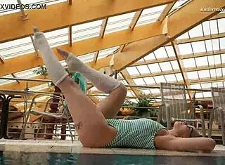 petite brunette babe dasha bathing underwater at beach shower naked wet outdoor 😍