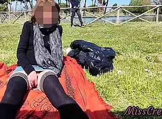 stepmom flashes pussy in public park, caught by stepson while masturbating openly