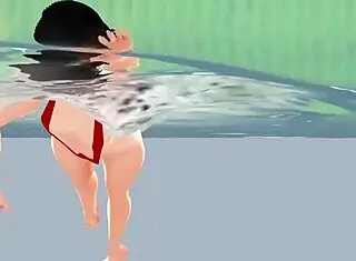 Anime Girl Swims in Micro Bikini with Nip Slip