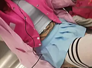 Femboy flashes panties in metro while showing off pigtails and skirt